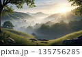 Scenic Sunrise River Valley Landscape With Stone Path And Observation Decks. AI Generated Scenic Sunrise River Valley Landscape With Stone Path And Observation Decks. AI Generated 135756285