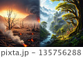 Climate Change Concept Split Landscape Drought vs Green Nature. AI Generated Climate Change Concept Split Landscape Drought vs Green Nature. AI Generated 135756288
