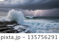 Dramatic Lightning Storm Over Crashing Ocean Waves. AI Generated Dramatic Lightning Storm Over Crashing Ocean Waves. AI Generated 135756291