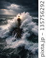 Lighthouse Beaming Light Amidst Crashing Storm Waves. AI Generated Lighthouse Beaming Light Amidst Crashing Storm Waves. AI Generated 135756292