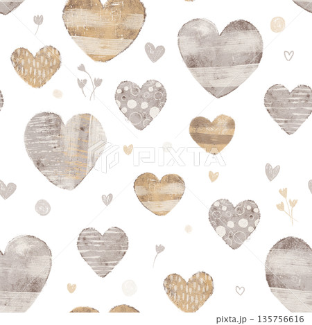 Hand-drawn hearts pattern. Valentine hand-drawn pattern in beige colors 135756616