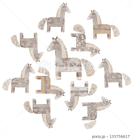 Whimsical little horses illustration. Hand-drawn stylized animal illustration Whimsical little horses illustration. Hand-drawn stylized animal illustration 135756617