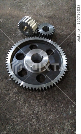 Metal gear wheel engine, mechanic industry concept. Mechanical engineering. Finished products. 135756838