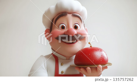 Cheerful cartoon chef demonstrates a dish, standing confidently in cozy kitchen filled with pots of herbs and utensils. 3D animated scene. 135757262