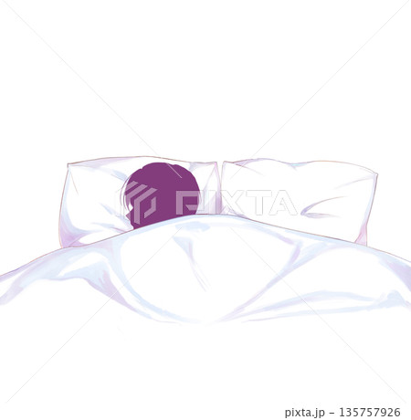 ダブルベッドでひとりで眠る男性　シルエット 135757926