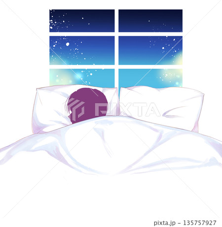 ダブルベッドでひとりで眠る男性　窓　シルエット 135757927