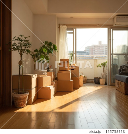 引越し当日の段ボールが並ぶ部屋 135758558