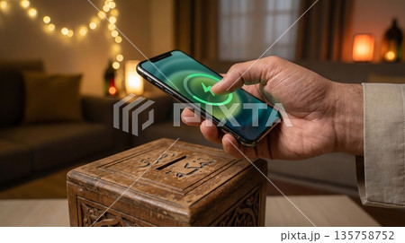 Hand Holding Smartphone for Online Zakat Donation in Cozy Home Setting with Blurred Lights Hand Holding Smartphone for Online Zakat Donation in Cozy Home Setting with Blurred Lights 135758752