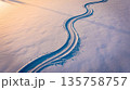 Winding Ski Tracks in Pristine Snowfield at Golden Hour with Serene Journey	 135758757