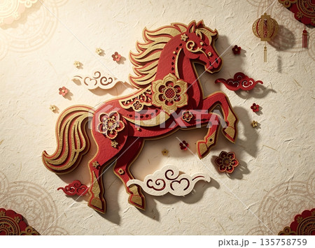 Auspicious Red Paper Cut Horse for Chinese New Year Celebration and Good Fortune 135758759