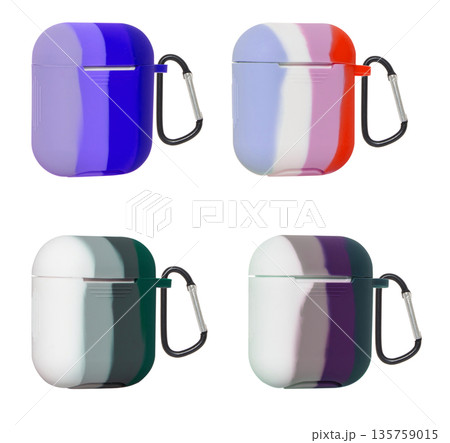 Silicone case for wireless headphones, isolated on white background, collage 135759015