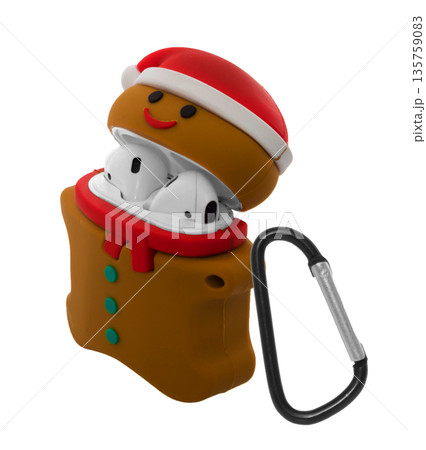 white wireless headphones in a silicone toy case snowman, with a carabiner, 135759083