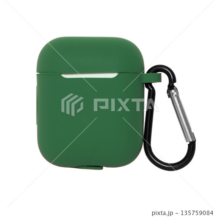 silicone case with a carabiner for wireless headphones, isolated on a white background silicone case with a carabiner for wireless headphones, isolated on a white background 135759084