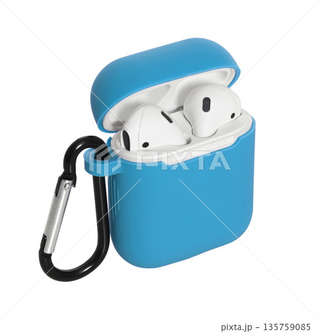white wireless headphones in a blue silicone case, isolated on a white background white wireless headphones in a blue silicone case, isolated on a white background 135759085