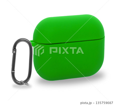 silicone case with a carabiner for wireless headphones, isolated on a white background silicone case with a carabiner for wireless headphones, isolated on a white background 135759087