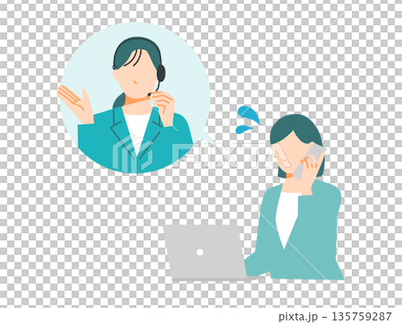 插圖描繪了一位戴著耳機的呼叫中心女員工正在指導一位在電腦前遇到困難的女士。 135759287