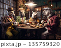 Animals in elegant clothing having tea party in cozy cafe setting 135759320