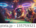 Anthropomorphic animals in casino setting at poker table 135759321