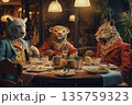 Anthropomorphic animals dining elegantly together at restaurant table 135759323