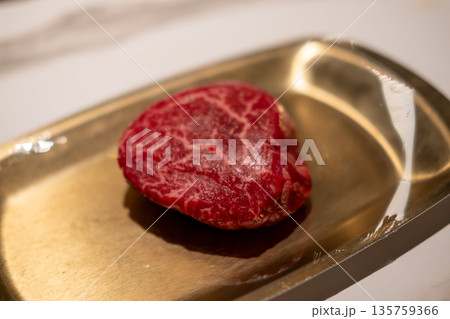 Raw Sirloin Hanwoo Beef, marbled Korean Style Meat prepared on the plate 135759366