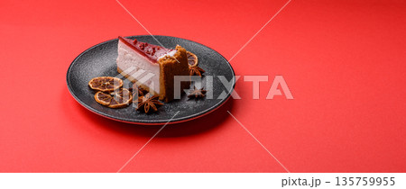 Strawberry cheesecake, a slice of sweet pie, a classic cheesecake dessert. Strawberry cheesecake 135759955