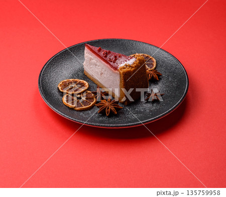 Strawberry cheesecake, a slice of sweet pie, a classic cheesecake dessert. Strawberry cheesecake 135759958