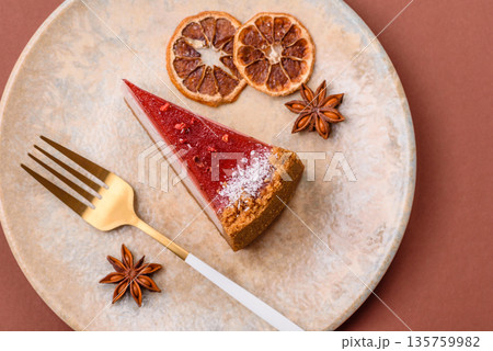 Strawberry cheesecake, a slice of sweet pie, a classic cheesecake dessert. Strawberry cheesecake 135759982