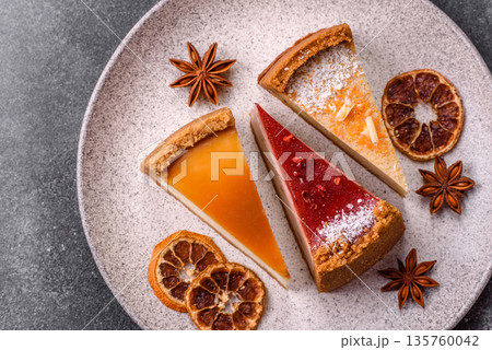 Cheesecake, a slice of sweet pie, a classic cheese dessert. Cheesecake as a food background 135760042