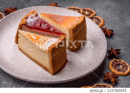 Cheesecake, a slice of sweet pie, a classic cheese dessert. Cheesecake as a food background 135760045