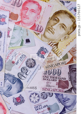 Money, currency of Singapore, dollar banknotes of various denominations. Singapore money 135760127