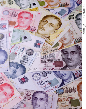 Money, currency of Singapore, dollar banknotes of various denominations. Singapore money 135760132