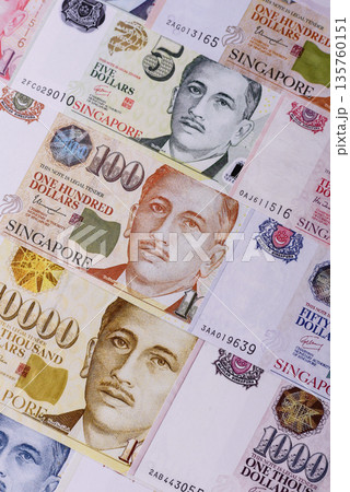 Money, currency of Singapore, dollar banknotes of various denominations. Singapore money Money, currency of Singapore, dollar banknotes of various denominations. Singapore money 135760151