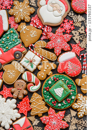 Gingerbread, Christmas cookies, and ornamental holiday baked goods. Christmas gingerbread Gingerbread, Christmas cookies, and ornamental holiday baked goods. Christmas gingerbread 135760187