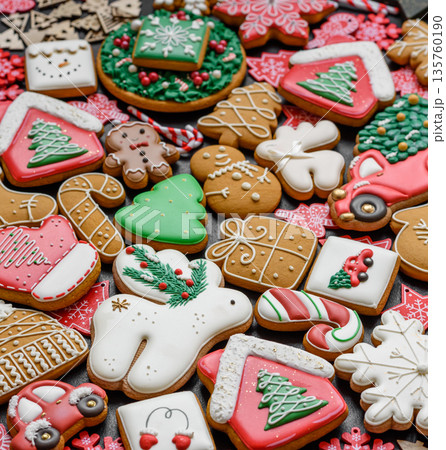 Gingerbread, Christmas cookies, and ornamental holiday baked goods. Christmas gingerbread Gingerbread, Christmas cookies, and ornamental holiday baked goods. Christmas gingerbread 135760190