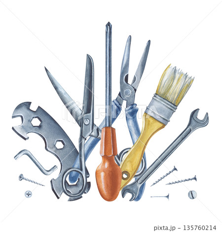 Watercolor composition with men's tools for home renovation. The illustration with metal tools is made by hand on an isolated background. Realistic clipart for the design of construction and repair 135760214
