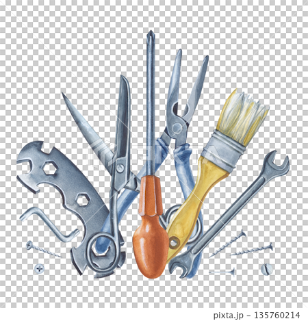 Watercolor composition with men's tools for home renovation. The illustration with metal tools is made by hand on an isolated background. Realistic clipart for the design of construction and repair 135760214
