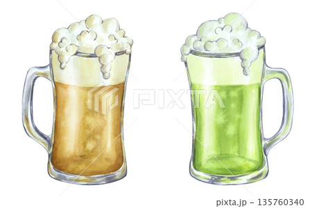 Green and braun beer. Glass mug set with ale for Saint Patrick's Day or Oktoberfest. Hand drawn watercolor illustration isolated background. Happy March 17th banner. For Irish bar menu 135760340