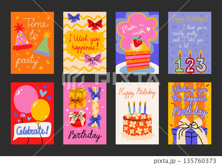 Bright retro cartoon birthday posters. Cute party decor, gift boxes, cakes, candles, balloons. Parties, gifts, greetings, happy holiday postcards. Wall banners for Birthdays, events, party decoration. Bright retro cartoon birthday posters. Cute party decor, gift boxes, cakes, candles, balloons. Parties, gifts, greetings, happy holiday postcards. Wall banners for Birthdays, events, party decoration. 135760373