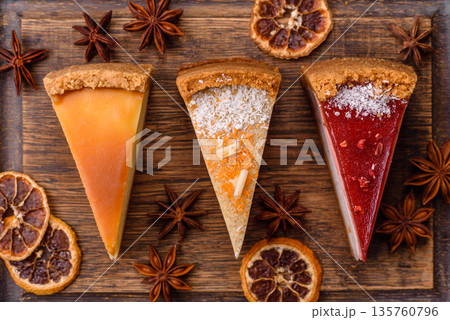 Cheesecake, a slice of sweet pie, a classic cheese dessert. Cheesecake as a food background 135760796