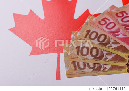 Money, currency of Canada, dollar banknotes of various denominations. Canadian money 135761112