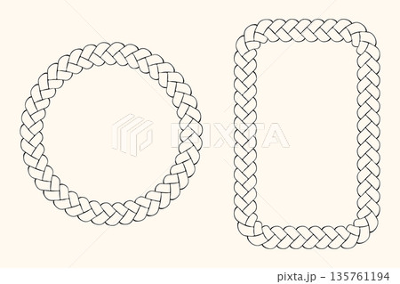 Rope frame outline set, rectangle circle geometric shape border, hand drawn ink blob brush line ornament, sketch doodle style contour, decorative isolated graphic elements 135761194
