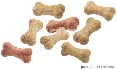 Dry pet food, dog treats bone shape isolated on white background with clipping path, full depth of field Dry pet food, dog treats bone shape isolated on white background with clipping path, full depth of field 135761208