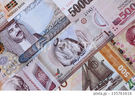 Money background, currency exchange, paper banknotes from different countries. Money cash currency 135761618