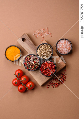 Indian spices, pepper, salt, turmeric, ingredients for cooking. Spices pepper, salt, and turmeric 135761754