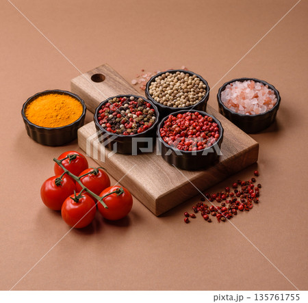Indian spices, pepper, salt, turmeric, ingredients for cooking. Spices pepper, salt, and turmeric 135761755