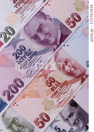 Money, currency of Turkey, lira banknotes of various denominations. Turkish money 135761936