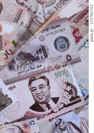 Money background, currency exchange, paper banknotes from different countries. Money cash currency Money background, currency exchange, paper banknotes from different countries. Money cash currency 135762101