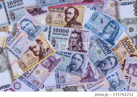 Hungarian forint, cash, currency of Hungary, banknotes for financial transactions. Hungarian forint 135762252