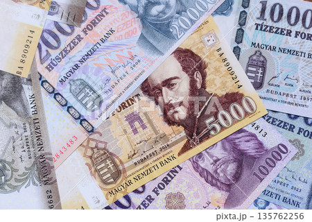 Hungarian forint, cash, currency of Hungary, banknotes for financial transactions. Hungarian forint 135762256