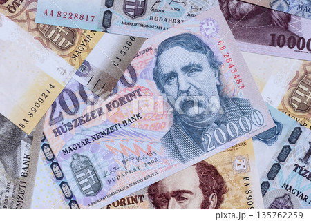 Hungarian forint, cash, currency of Hungary, banknotes for financial transactions. Hungarian forint Hungarian forint, cash, currency of Hungary, banknotes for financial transactions. Hungarian forint 135762259